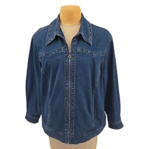 Cathy Daniels Denim Jacket Womens 1X Blue Studded Zip Up Western Stretch Coat